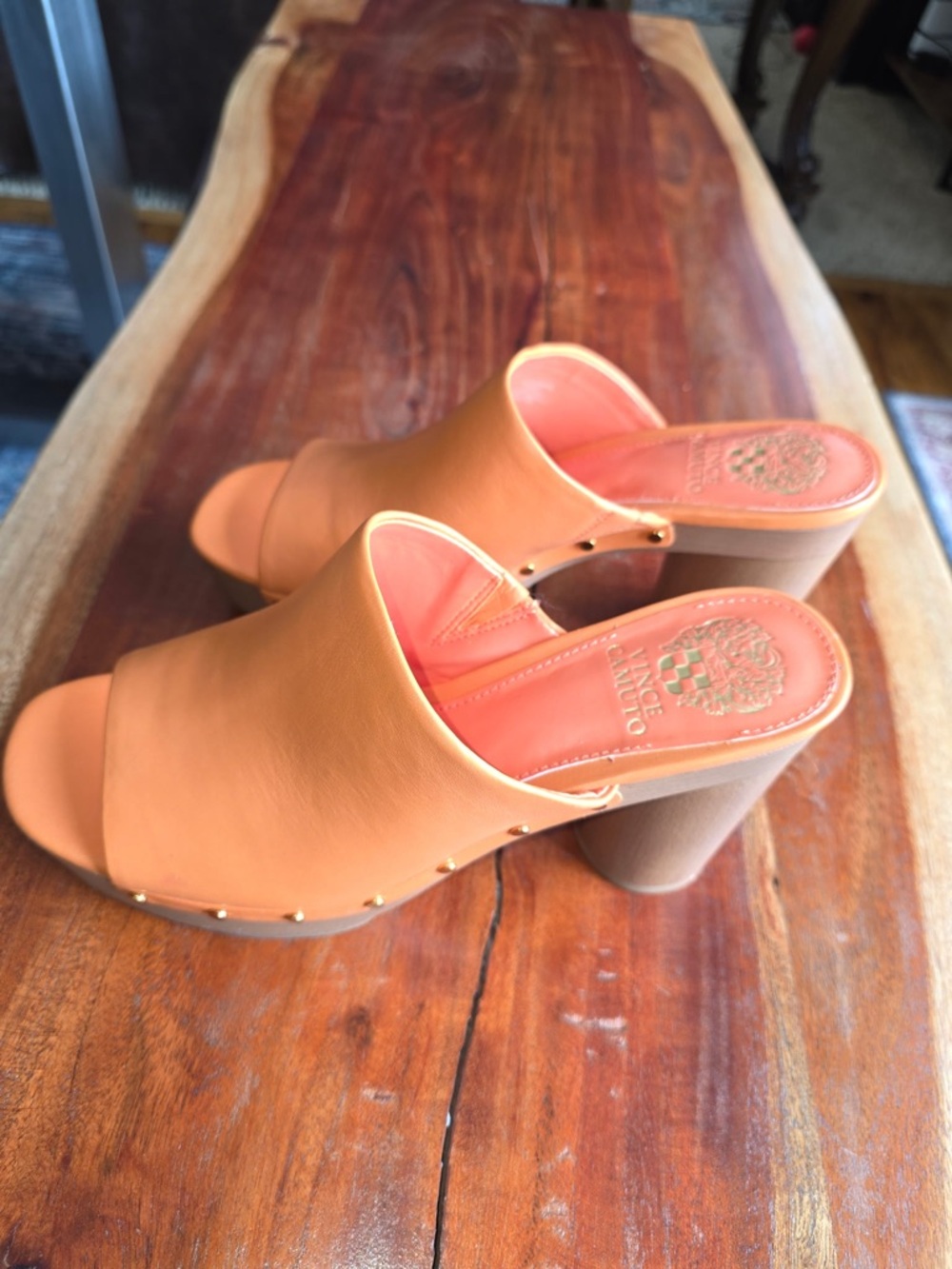 Vince Camuto Peach-Orange Leather Slide Mules
